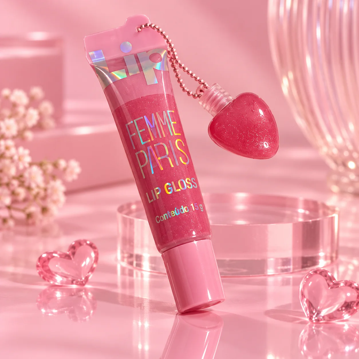 Lip Gloss com Chaveiro de Mini Gloss Coração | Femme Paris Cor 13 Brilho Labial