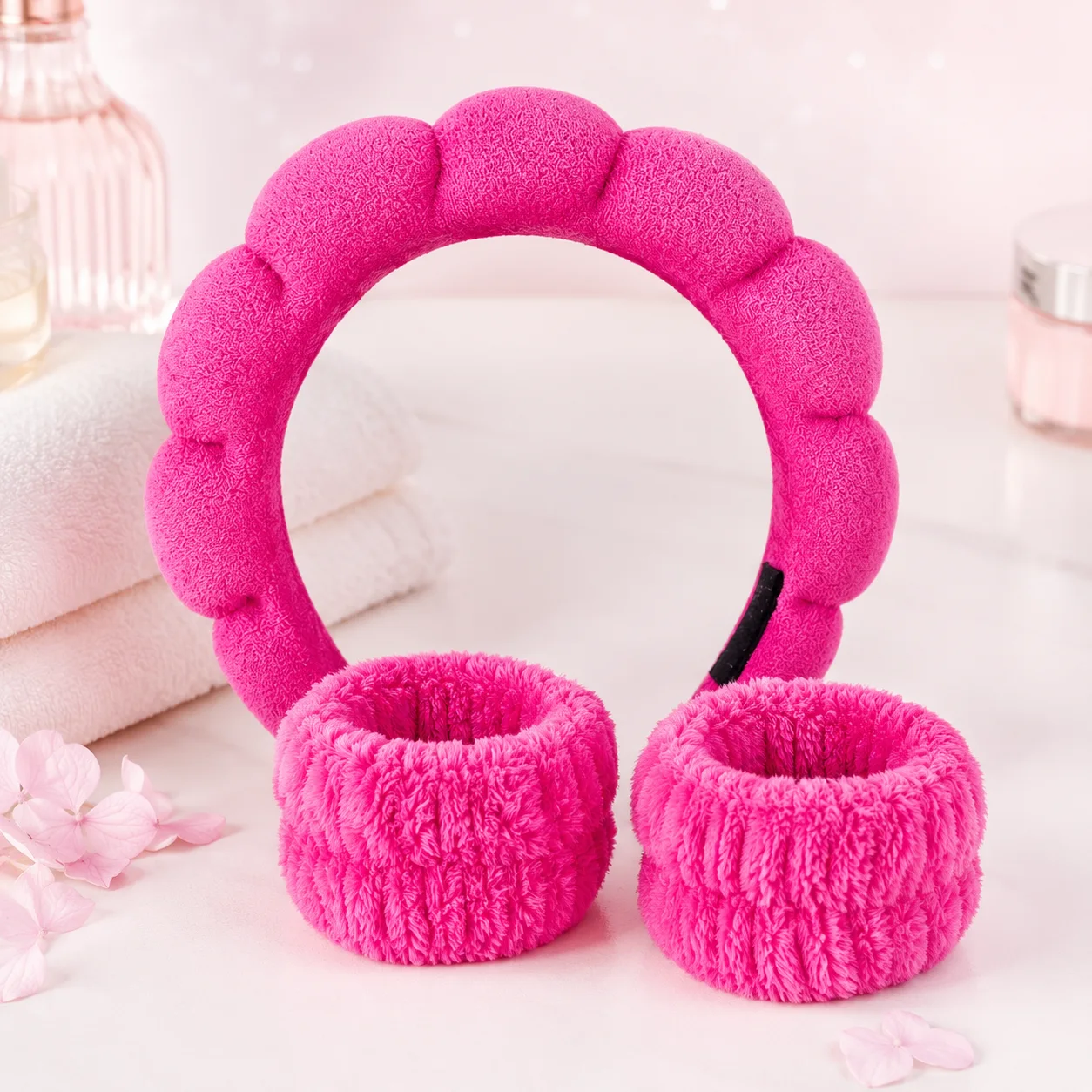 Kit para Skincare com Tiara Nuvem e Munhequeira Rosa Pink | Acessório de Skincare · Sem Marca