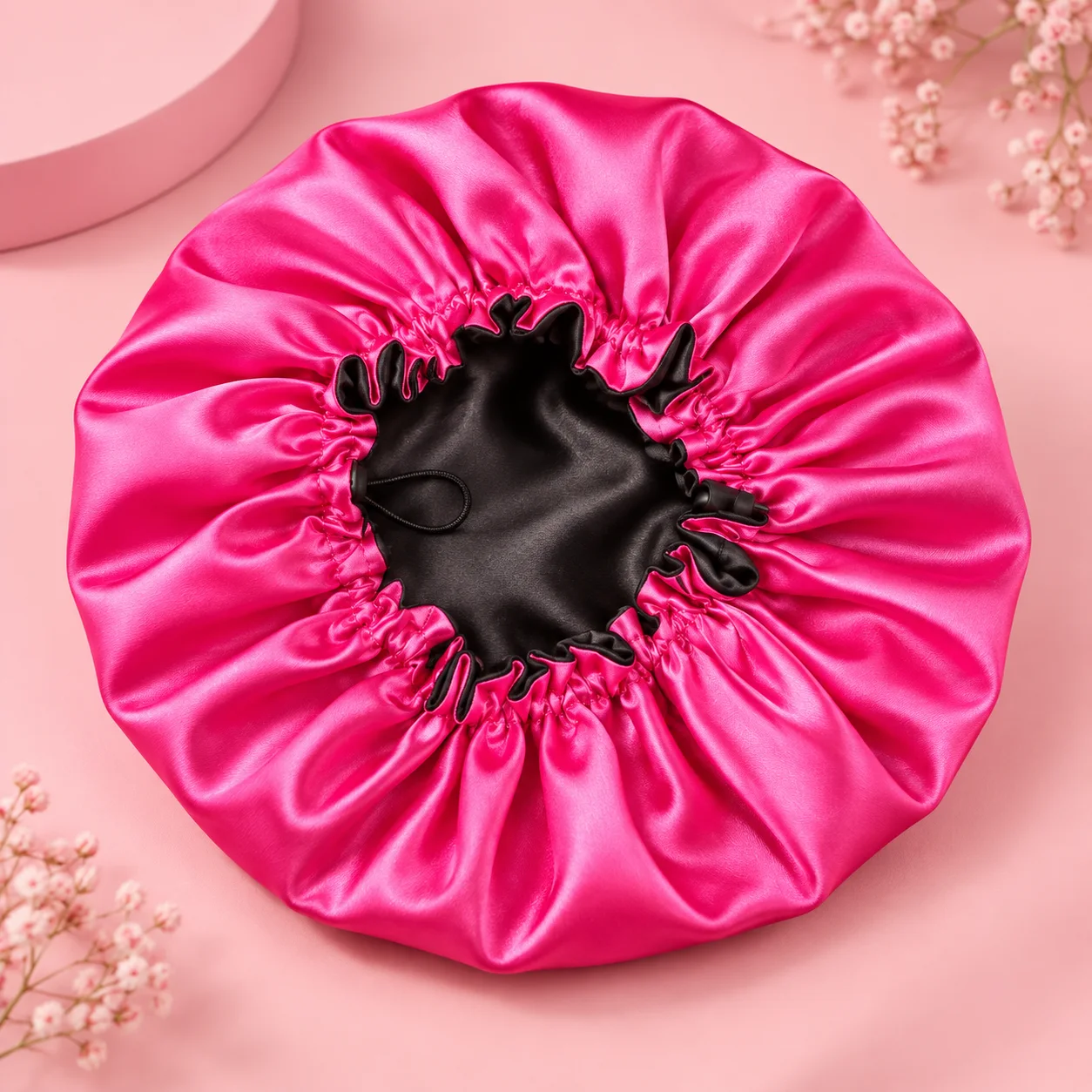 Touca de Cetim Dupla com Ajuste Preta e Rosa Pink | Cuidados com o Cabelo · Sem Marca