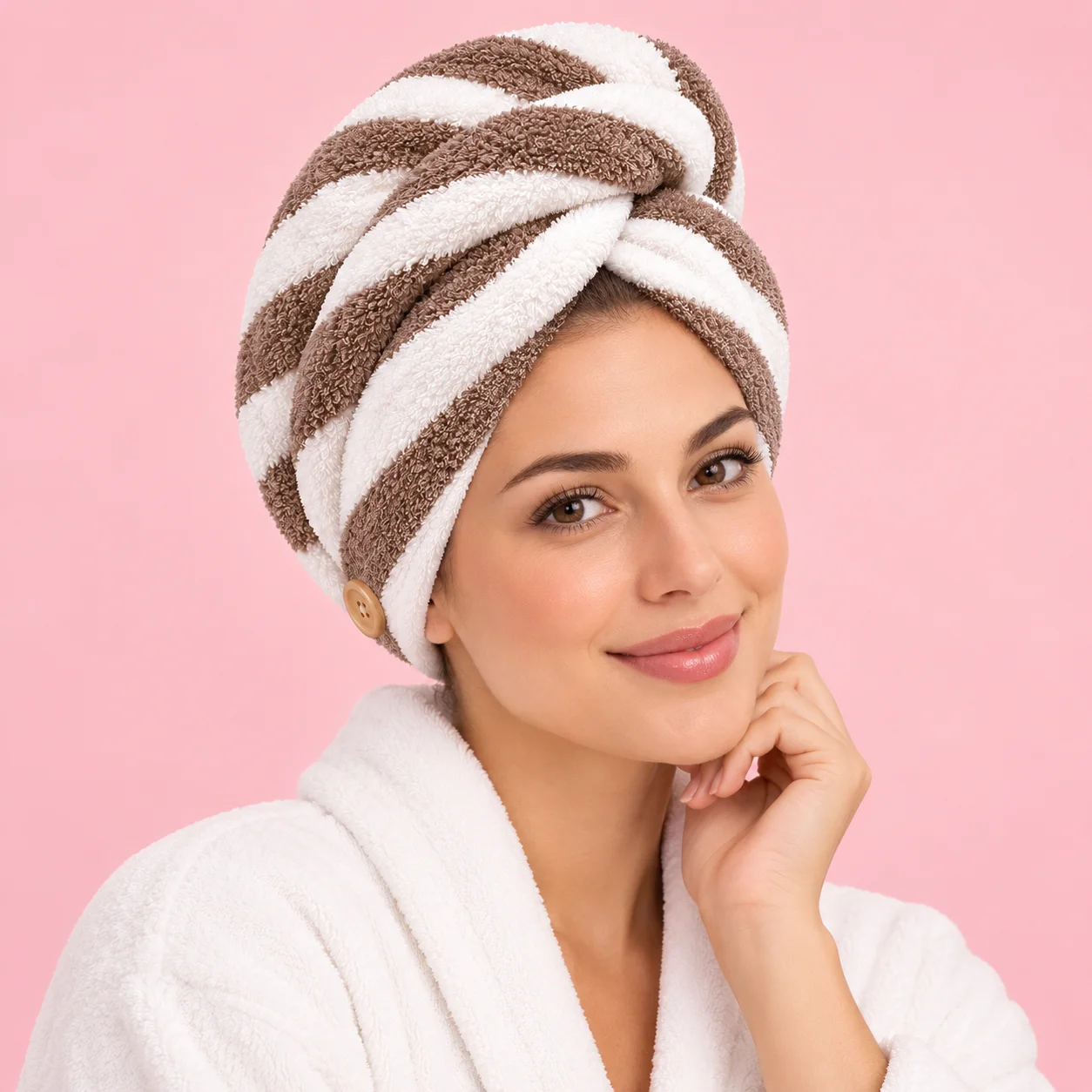 Touca de Cabelo Pós-banho | Mandala Branco com Listra Marrom Cuidados com o Cabelo