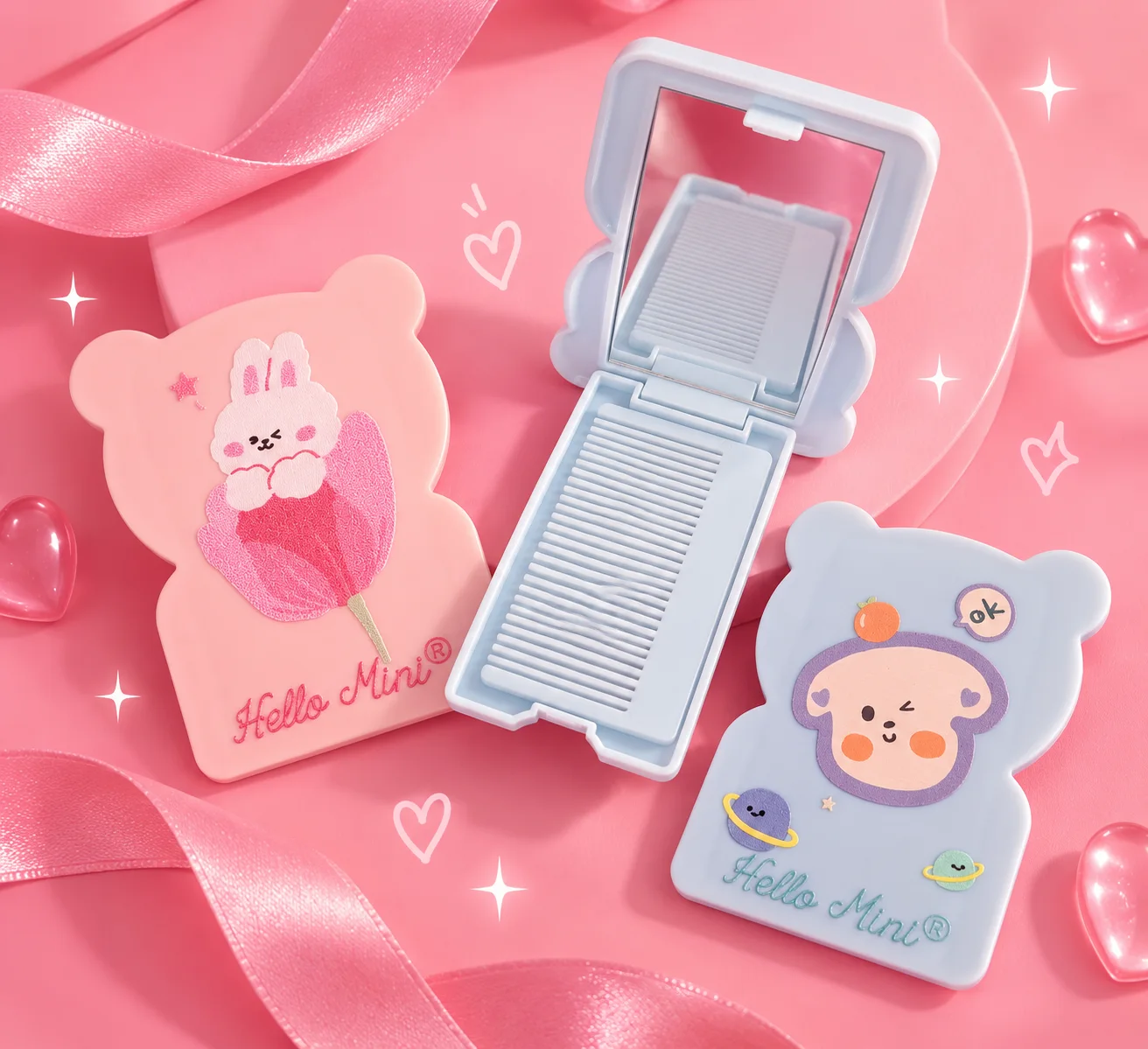 Espelho de Bolsa Rosa com Pente | Hello Mini Rosa Claro Acessório de Beleza