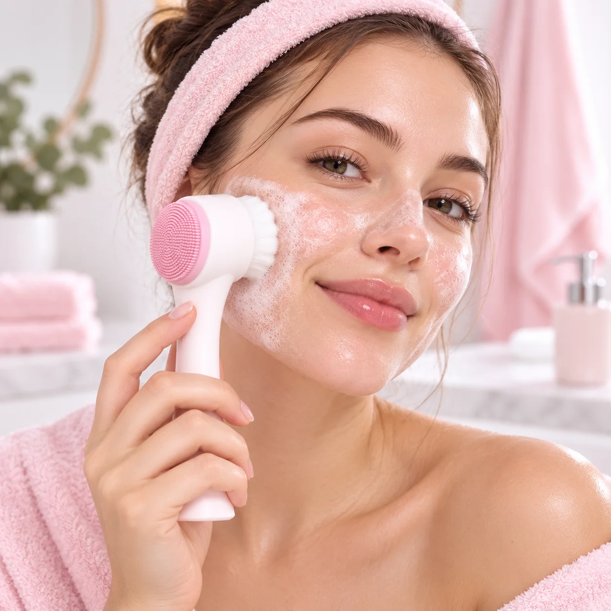 Escova Facial Para Skincare  Branco Com Rosa Claro