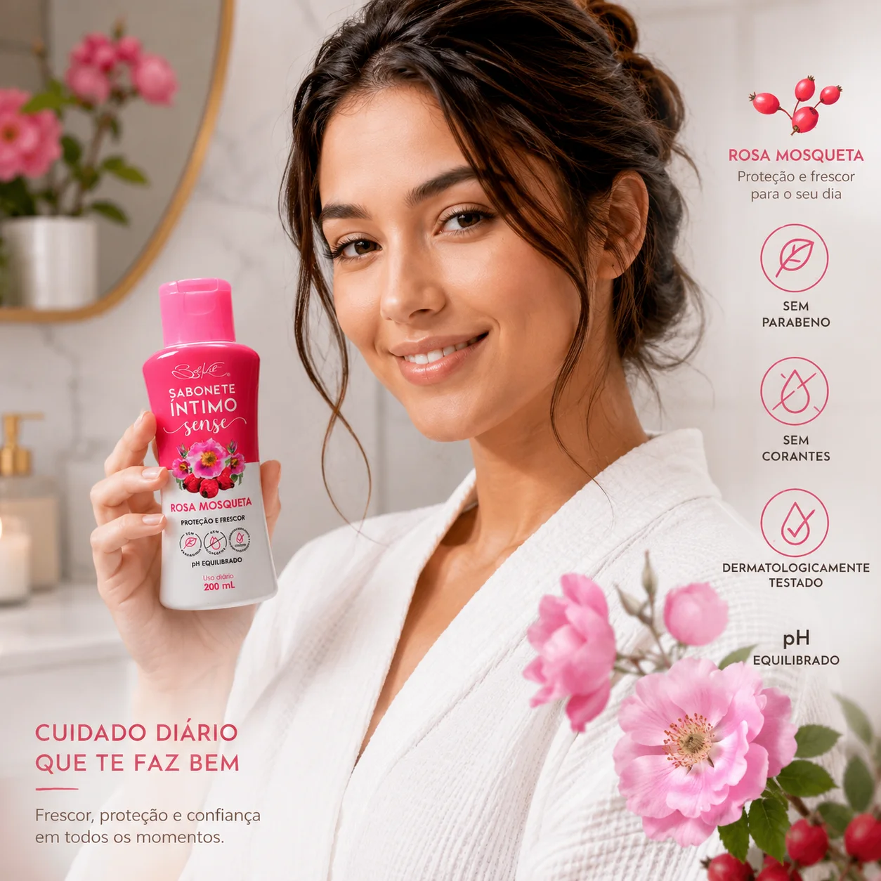 Outra imagem de Sabonete Íntimo Sense Proteção e Frescor | Belkit Rosa Mosqueta Cuidado Íntimo
