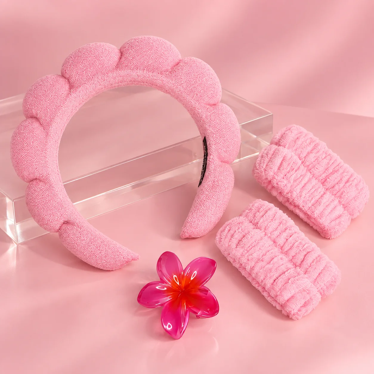 Kit Tiara Nuvem com Munhequeira e Piranha Rosa Claro | Acessórios para Skincare