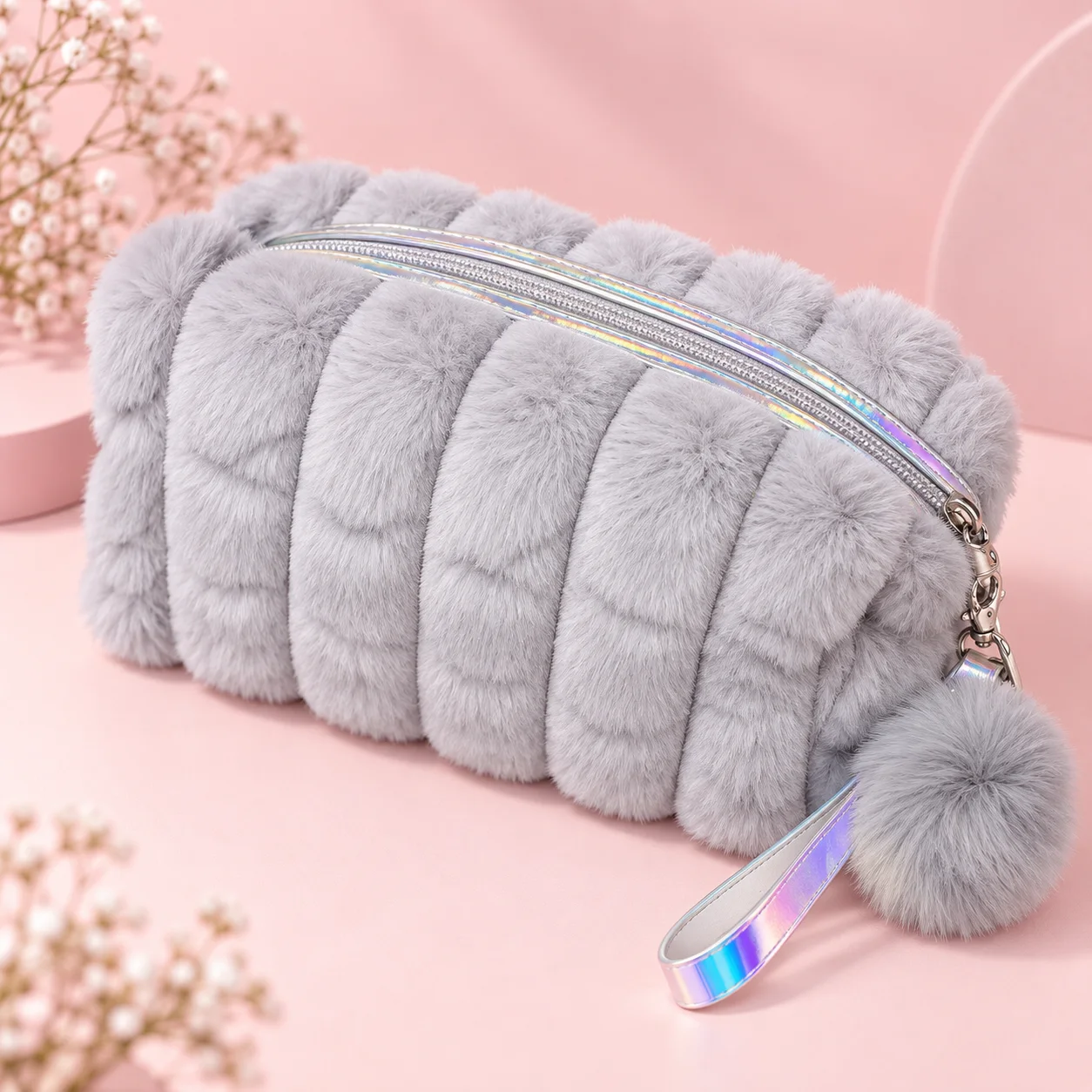 Necessaire Felpuda Lisa com Pompom Cinza | Organizador Feminino