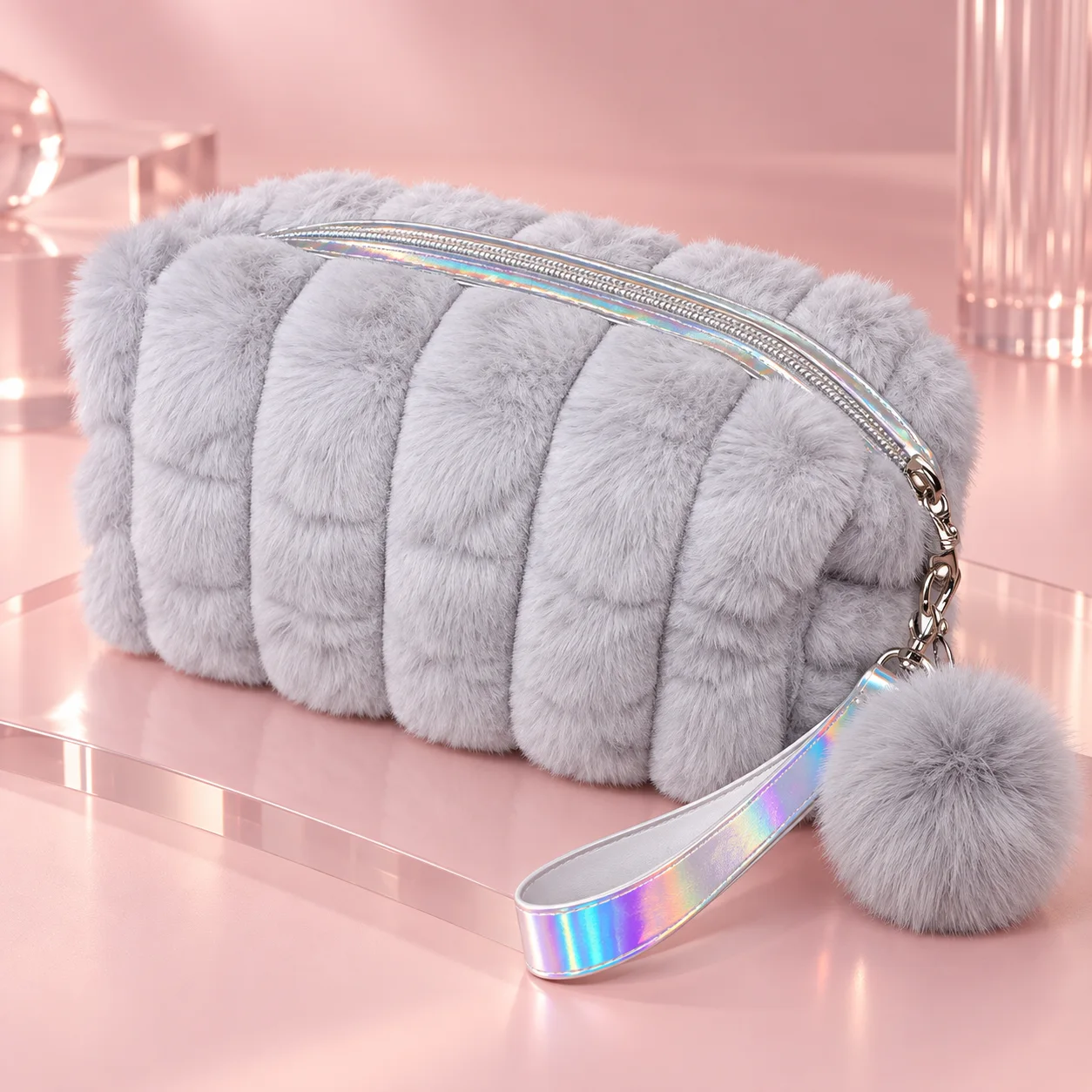 Necessaire Felpuda Lisa com Pompom Cinza | Organizador Feminino