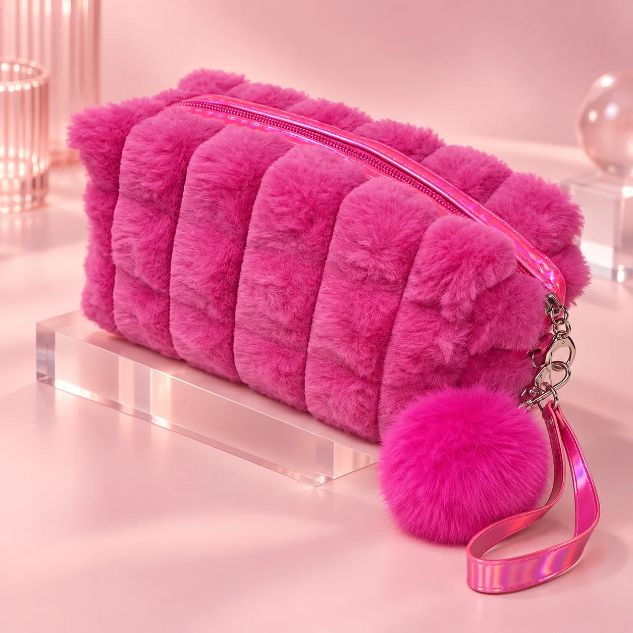 Necessaire Felpuda Lisa com Pompom Rosa Pink | Organizador Feminino