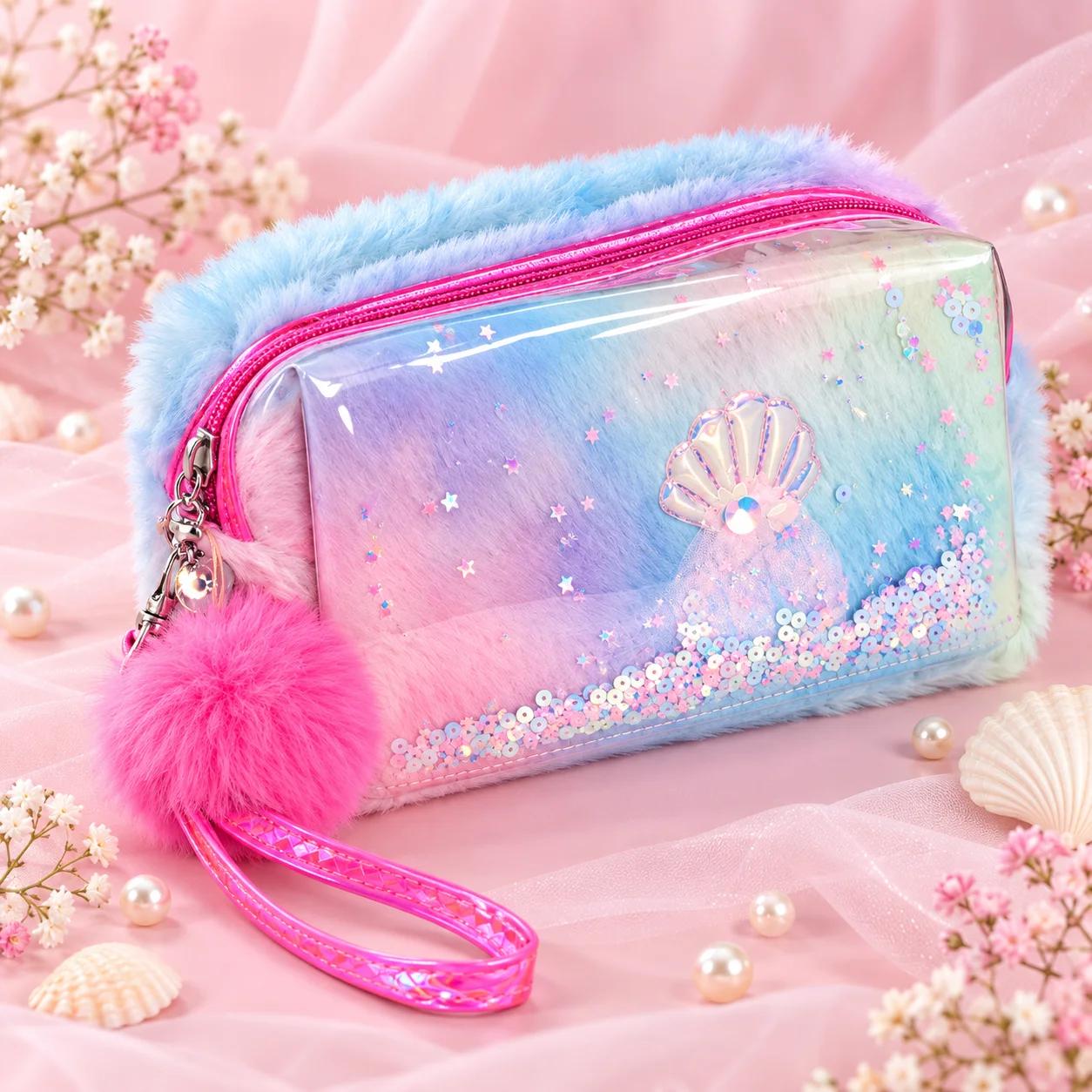Necessaire Felpuda Concha com Paetê e Pompom Tie-Dye | Organizador Feminino
