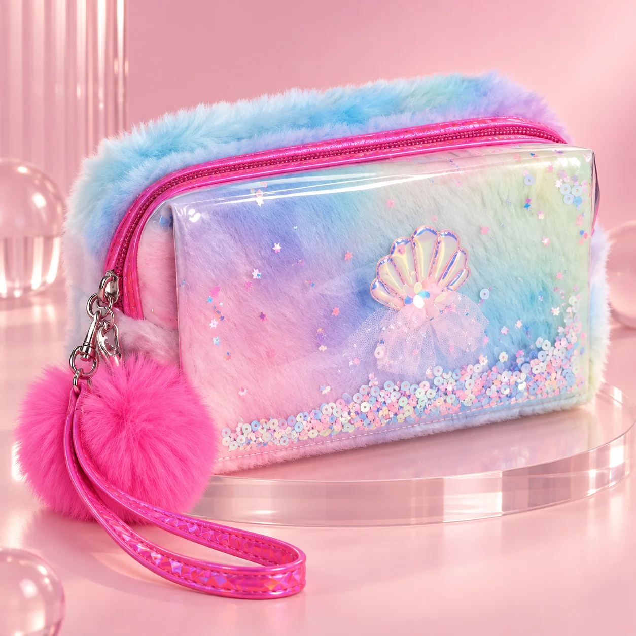 Necessaire Felpuda Concha com Paetê e Pompom Tie-Dye | Organizador Feminino