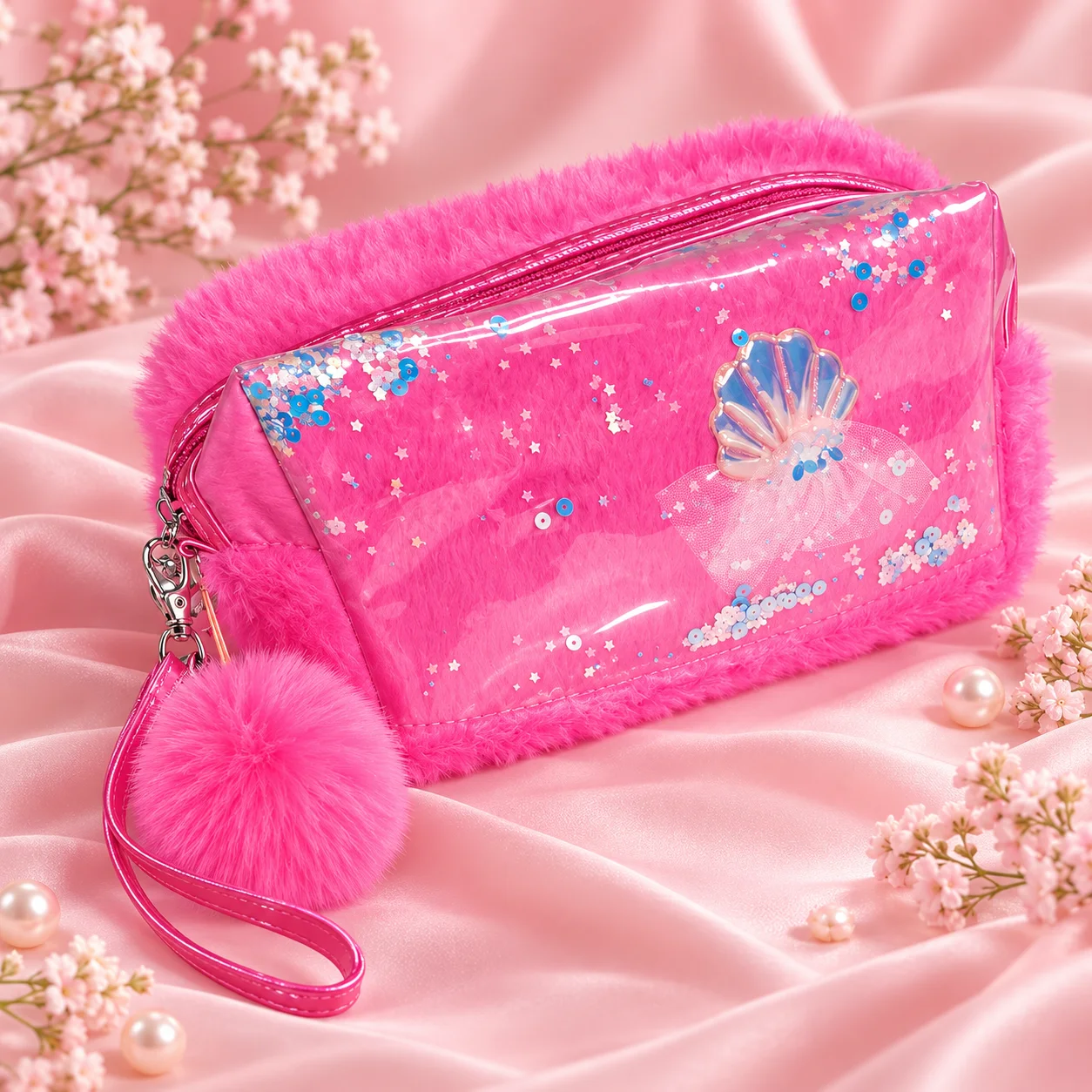 Necessaire Felpuda Concha com Paetê e Pompom Rosa | Organizador Feminino