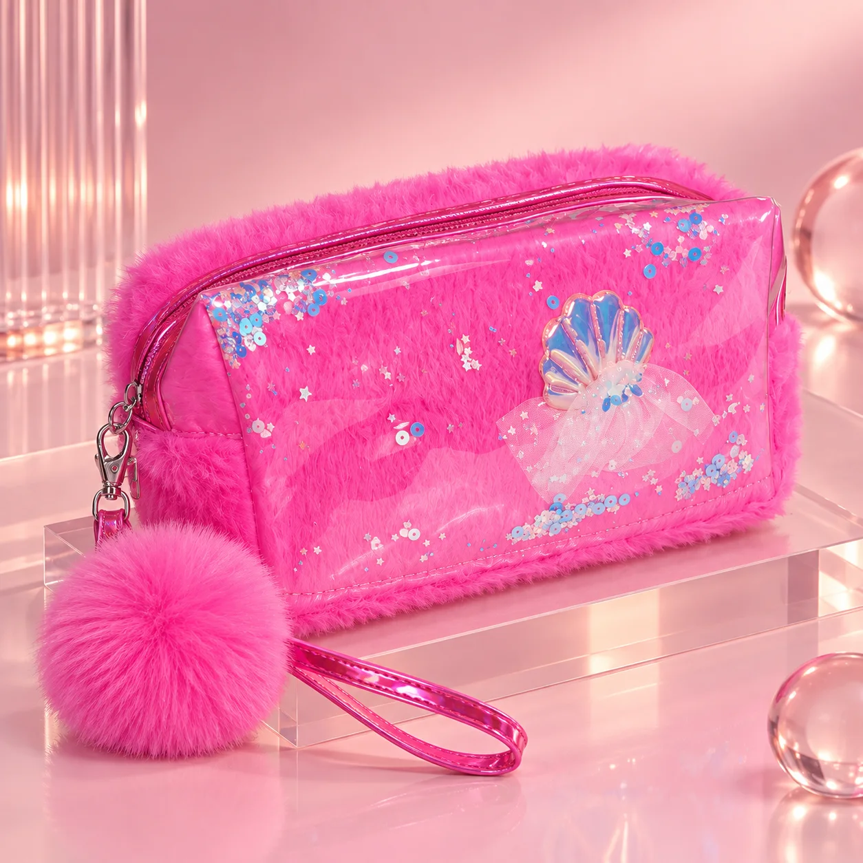 Necessaire Felpuda Concha com Paetê e Pompom Rosa | Organizador Feminino