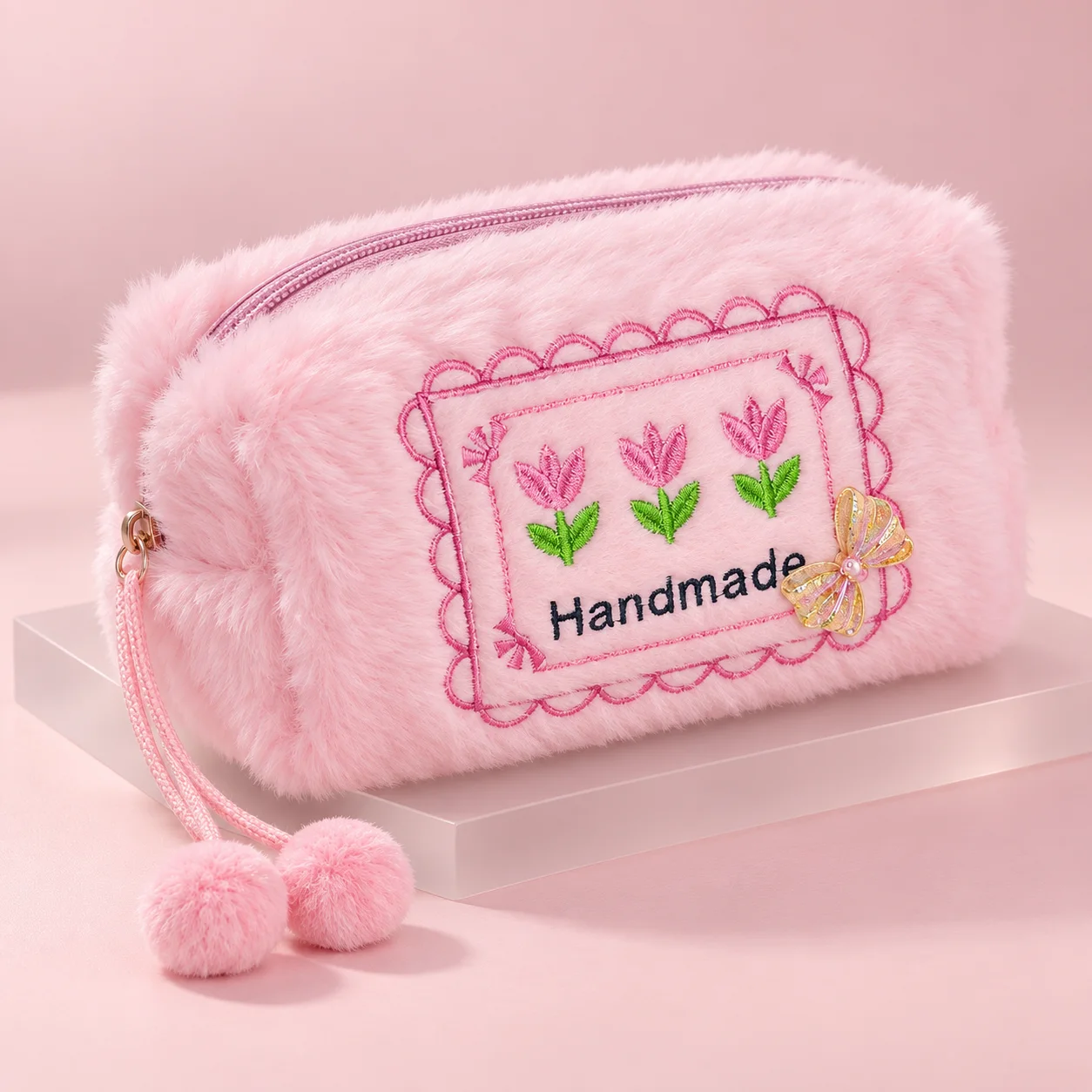 Necessaire Felpuda Handmade Rosa Claro | Organizador Feminino