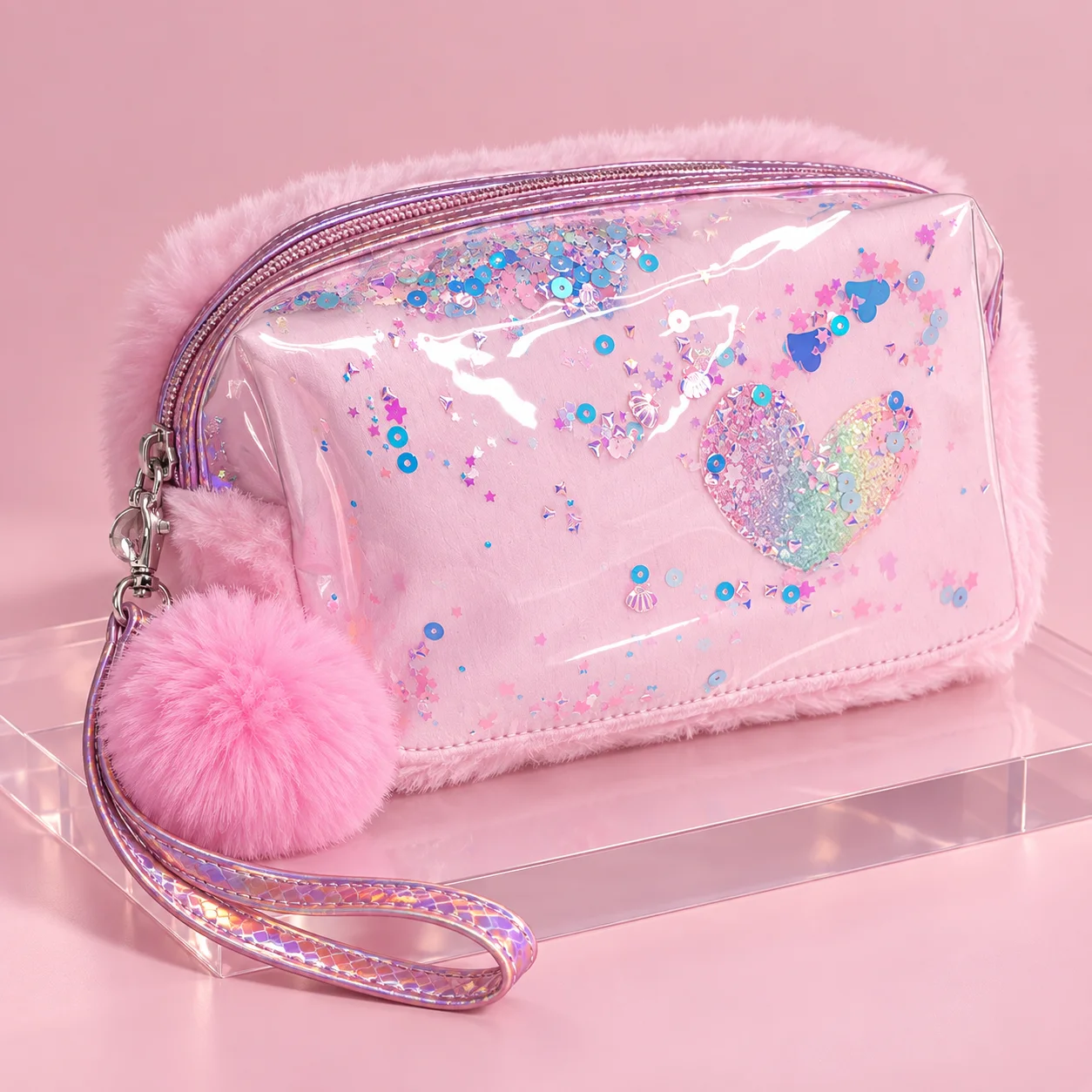 Necessaire Felpuda Coração com Paetê Rosa Claro | Organizador Feminino
