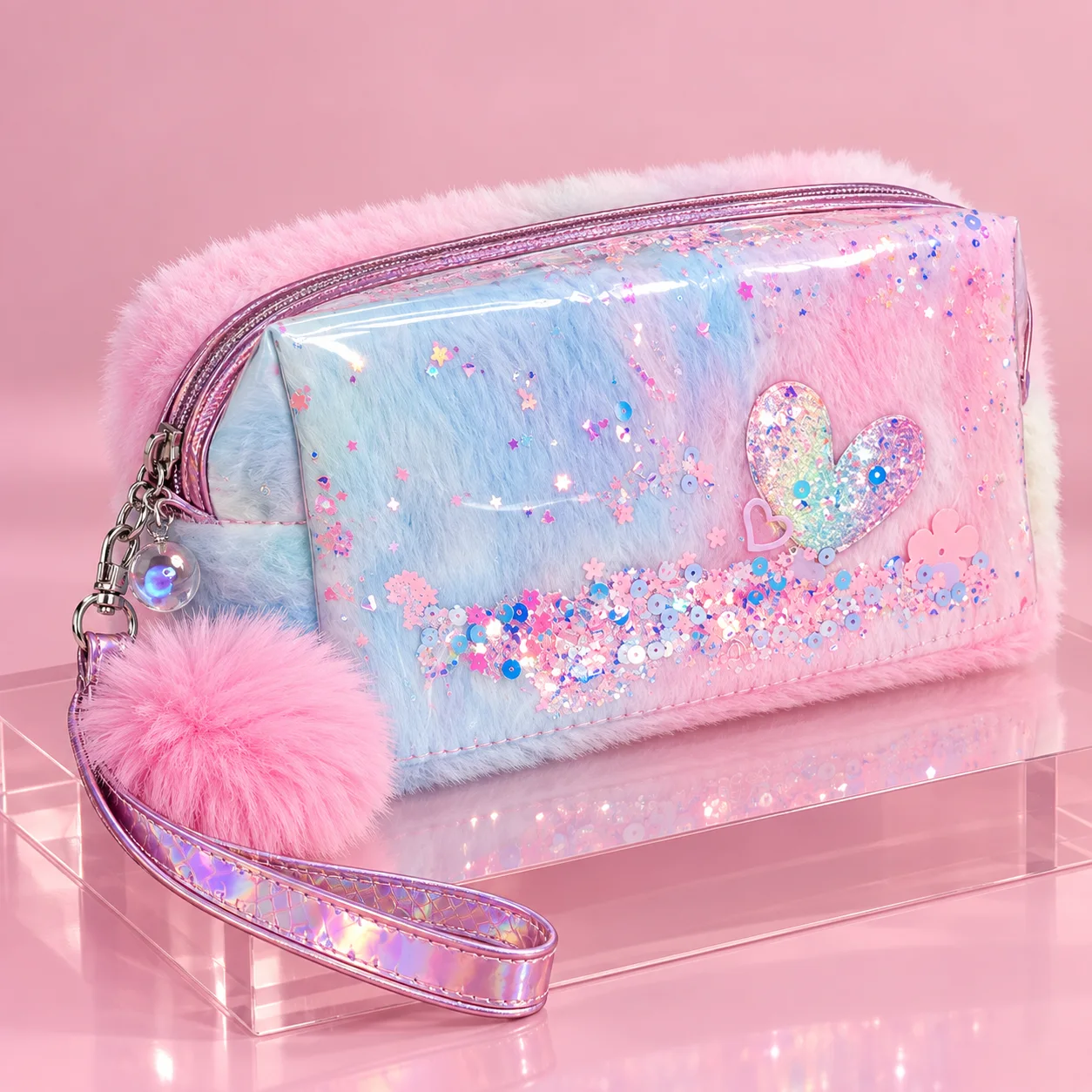 Necessaire Felpuda Coração com Paetê Tie-Dye | Organizador Feminino