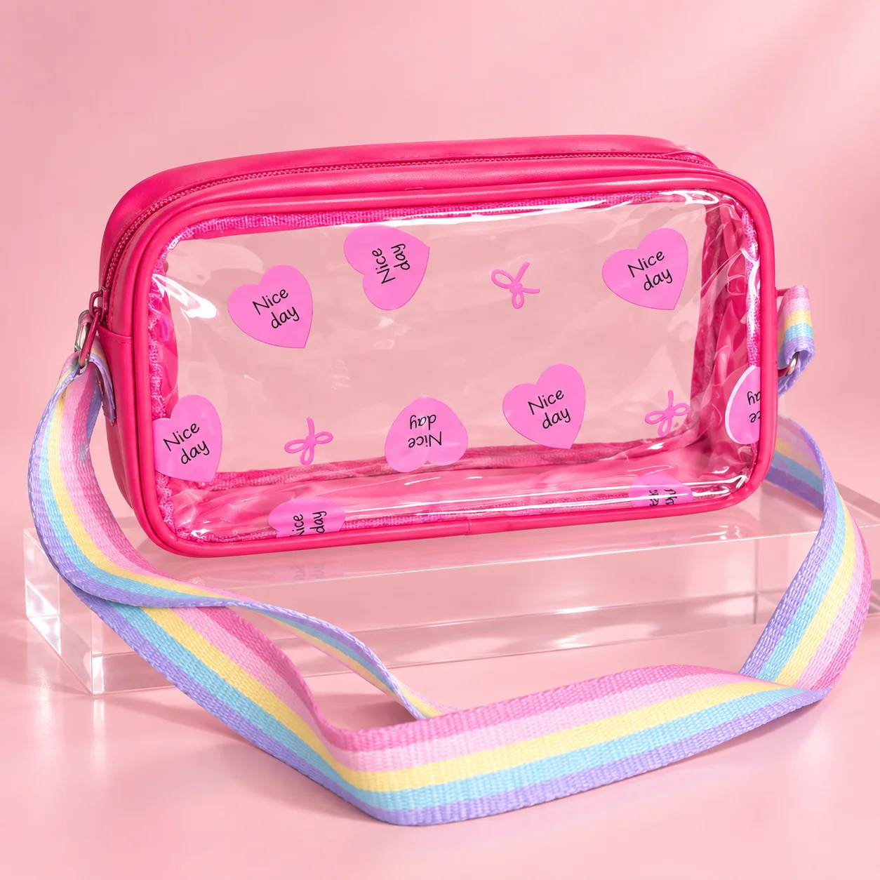 Necessaire Transparente com Alça Rosa Forte | Organizador para Maquiagem
