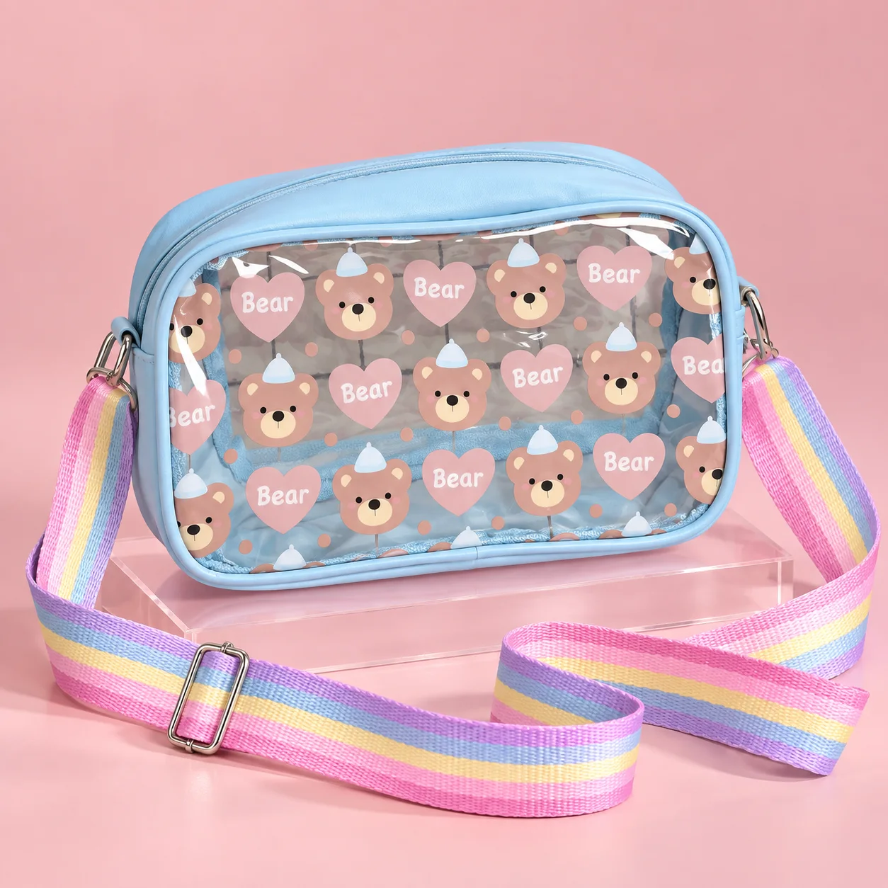 Necessaire Transparente com Alça Azul Claro | Organizador para Maquiagem