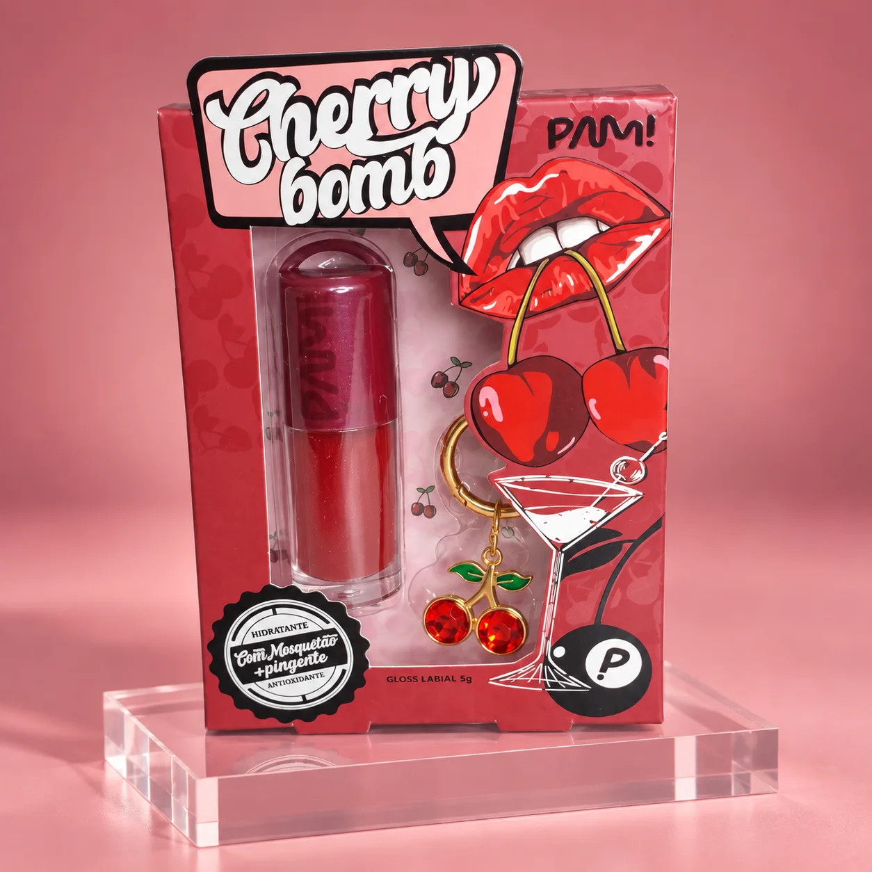 Gloss Labial Cherry Bomb com Chaveiro | M.Boom Vermelho Brilho Labial