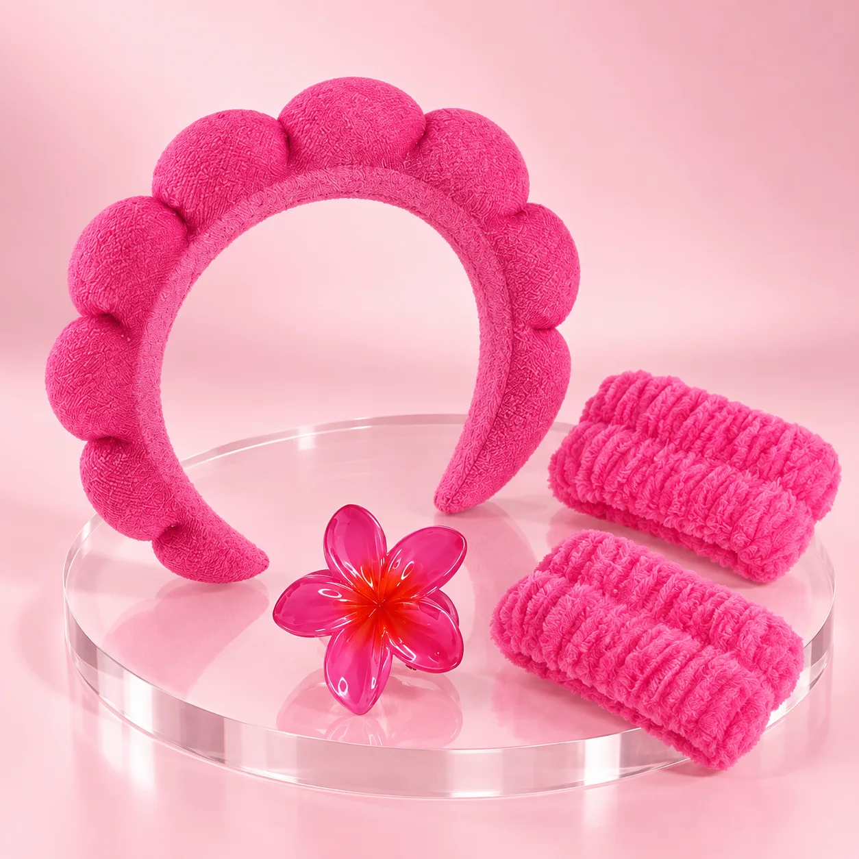 Kit Tiara Nuvem com Munhequeira e Piranha Rosa Pink | Acessórios para Skincare