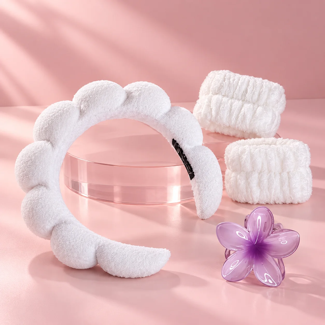 Kit Tiara Nuvem com Munhequeira e Piranha Branca | Acessórios para Skincare