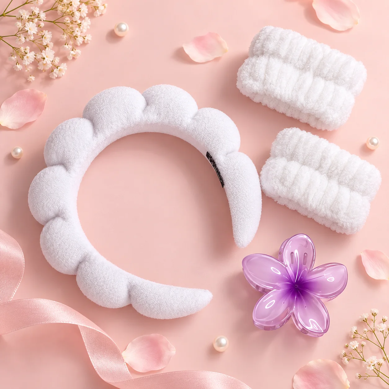 Kit Tiara Nuvem com Munhequeira e Piranha Branca | Acessórios para Skincare