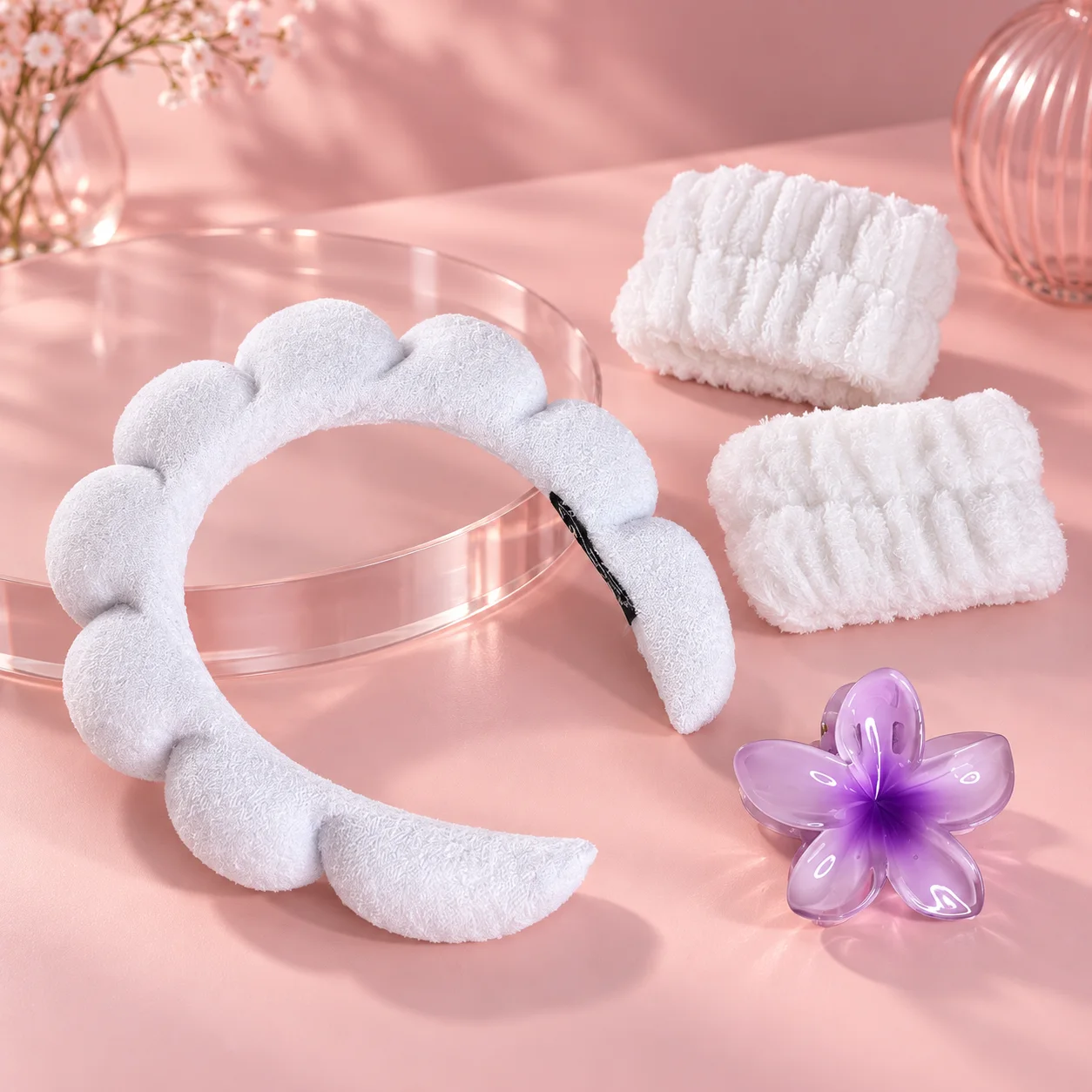 Kit Tiara Nuvem com Munhequeira e Piranha Branca | Acessórios para Skincare