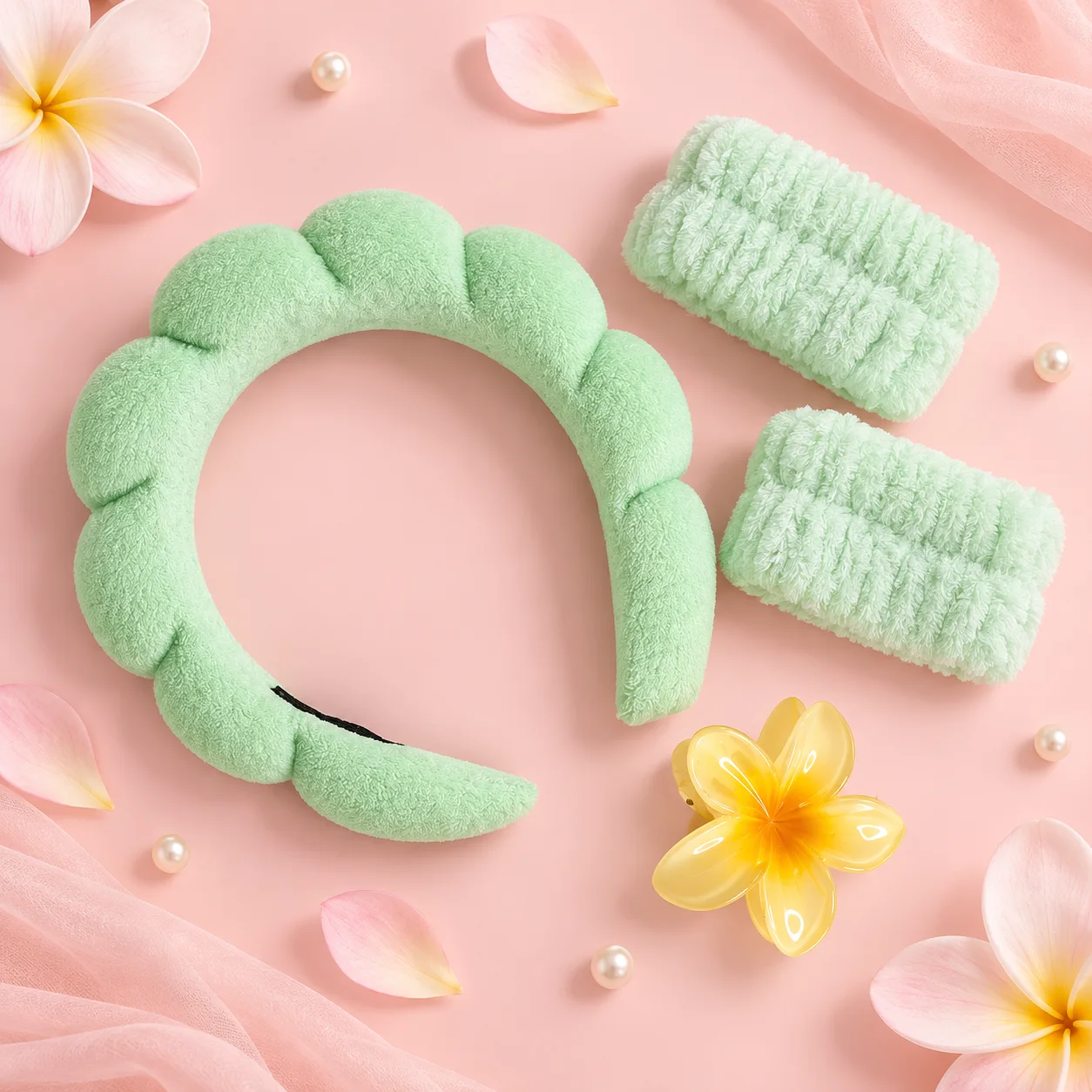 Kit Tiara Nuvem com Munhequeira e Piranha Verde Claro | Acessórios para Skincare