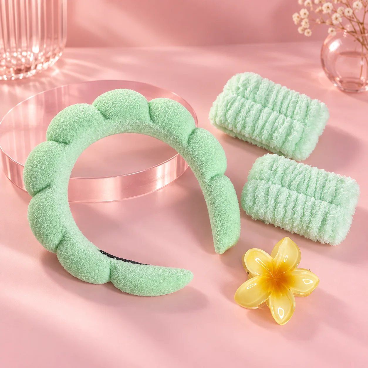Kit Tiara Nuvem com Munhequeira e Piranha Verde Claro | Acessórios para Skincare