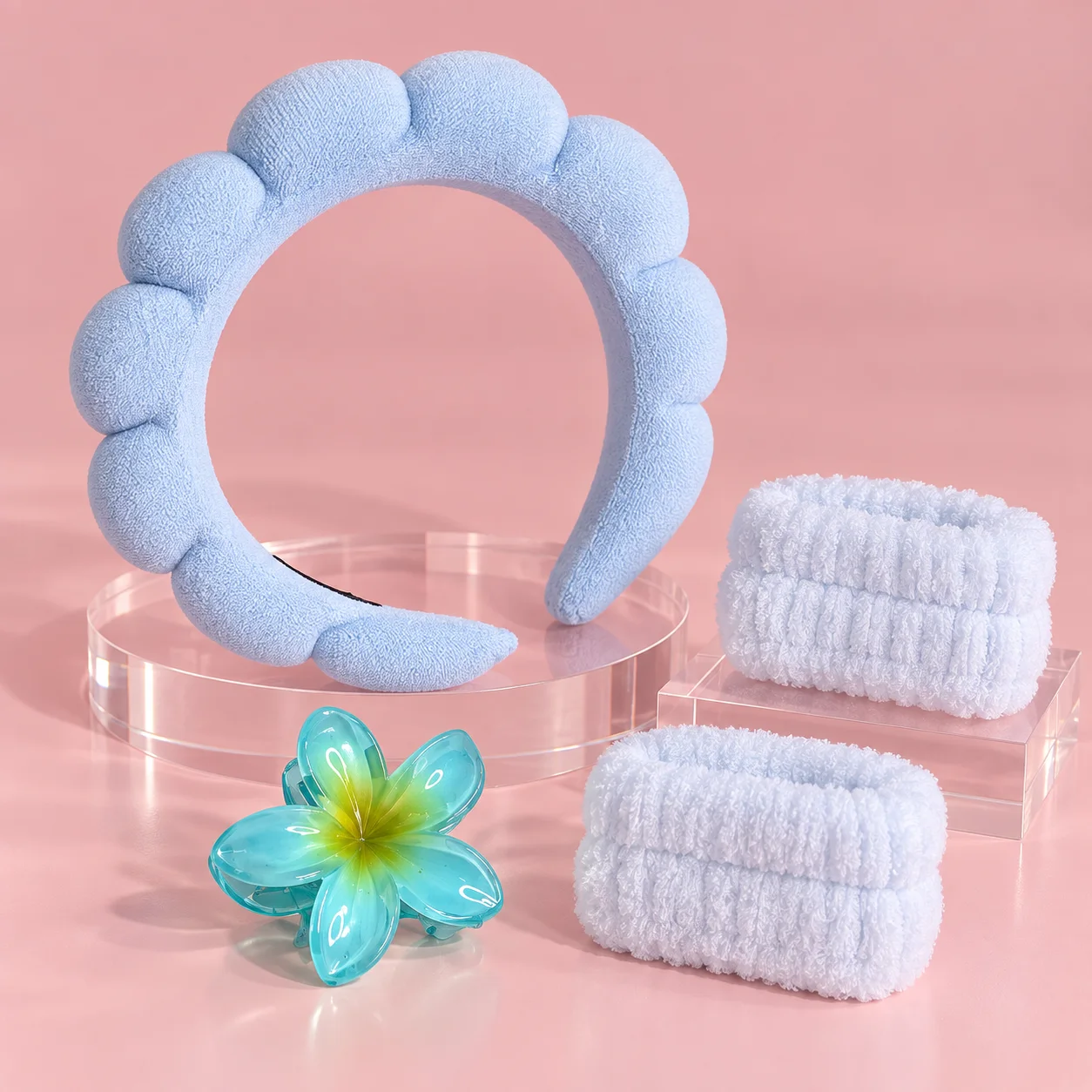 Kit Tiara Nuvem com Munhequeira e Piranha Azul Claro | Acessórios para Skincare