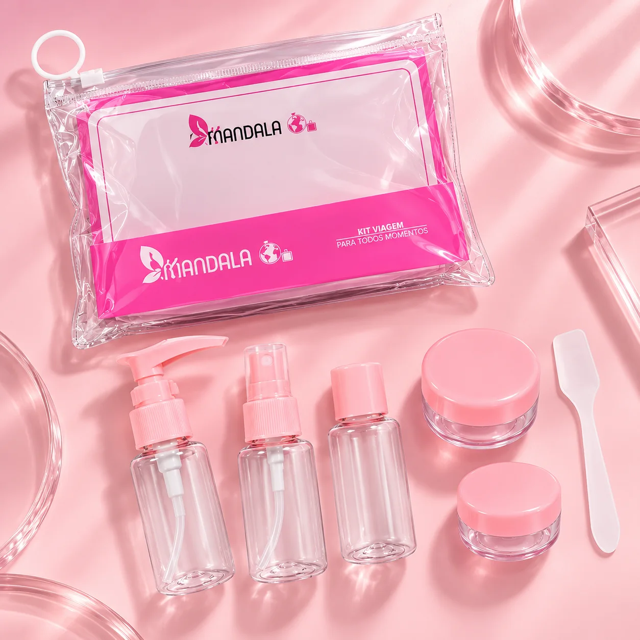 Outra imagem de Kit Viagem Mandala Rosa Claro com 5 Frascos para Cosméticos