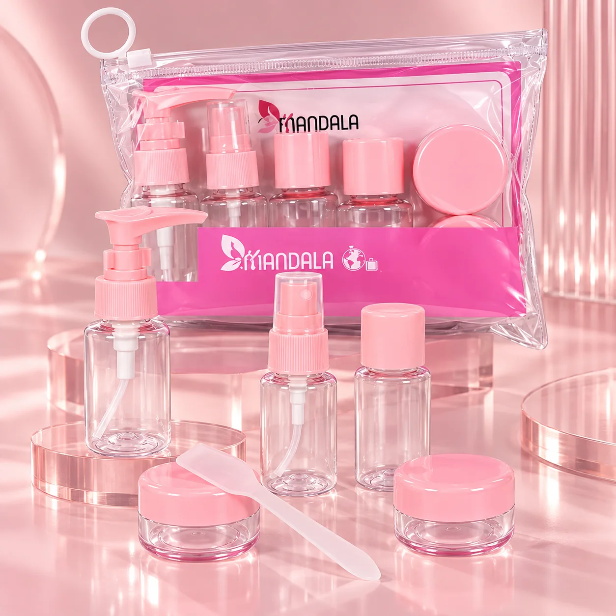 Kit Viagem Mandala Rosa Claro com 5 Frascos para Cosméticos