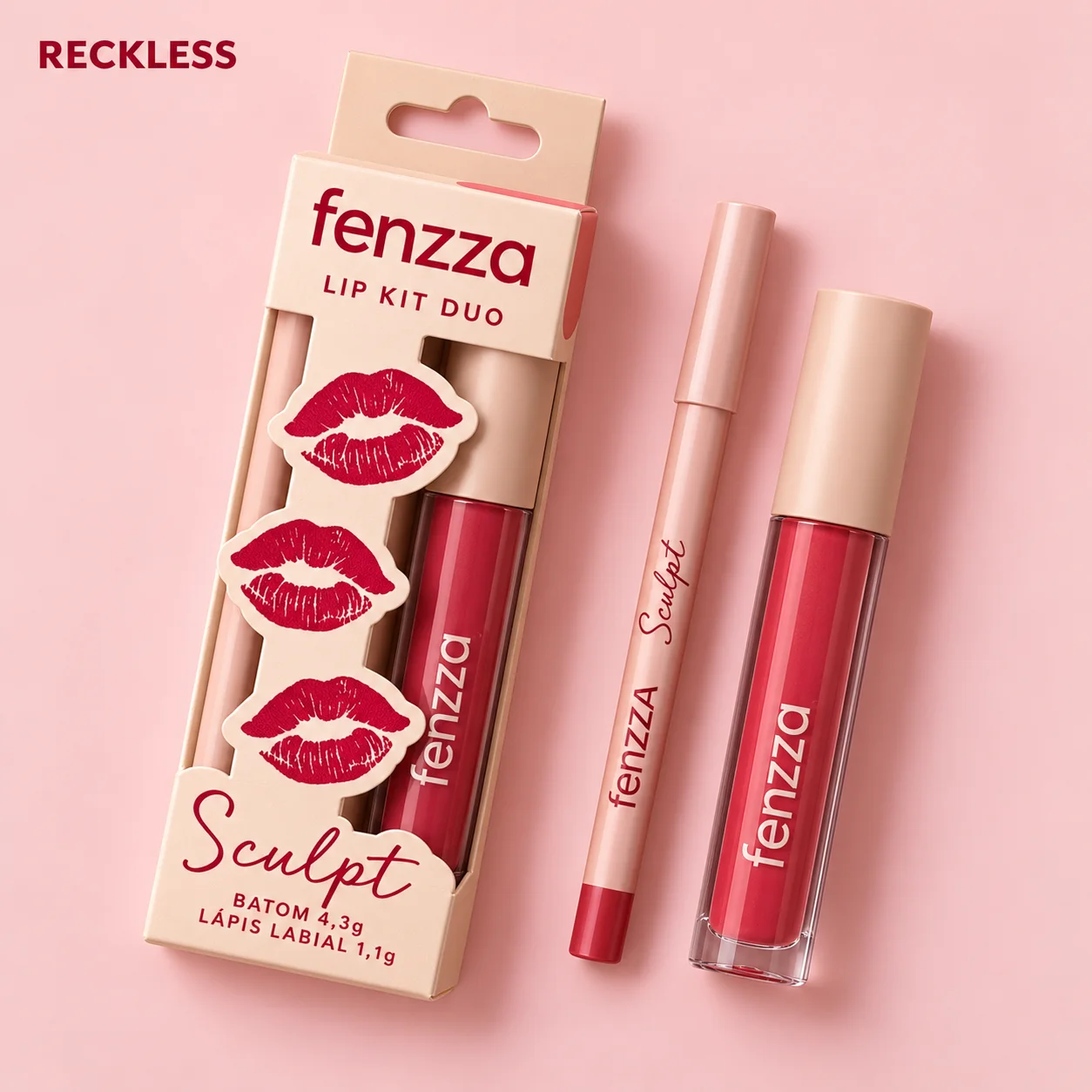Kit Lápis Labial e Batom Líquido Fenzza Duo Sculpt Cor 03 Fenzza Cor 03