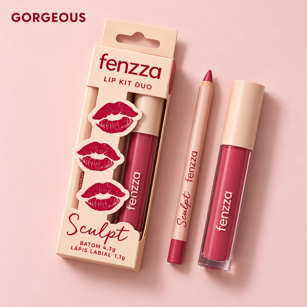 Kit Lápis Labial e Batom Líquido Fenzza Duo Sculpt Cor 05 Fenzza Cor 05