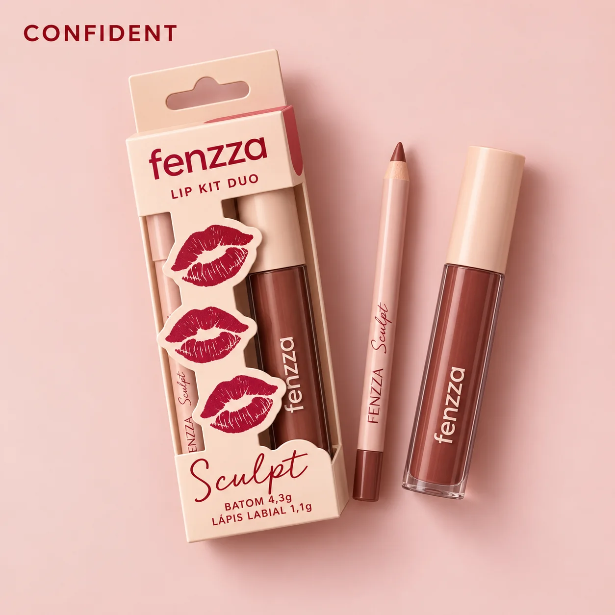 Kit Lápis Labial e Batom Líquido Fenzza Duo Sculpt Cor 06 Fenzza Cor 06