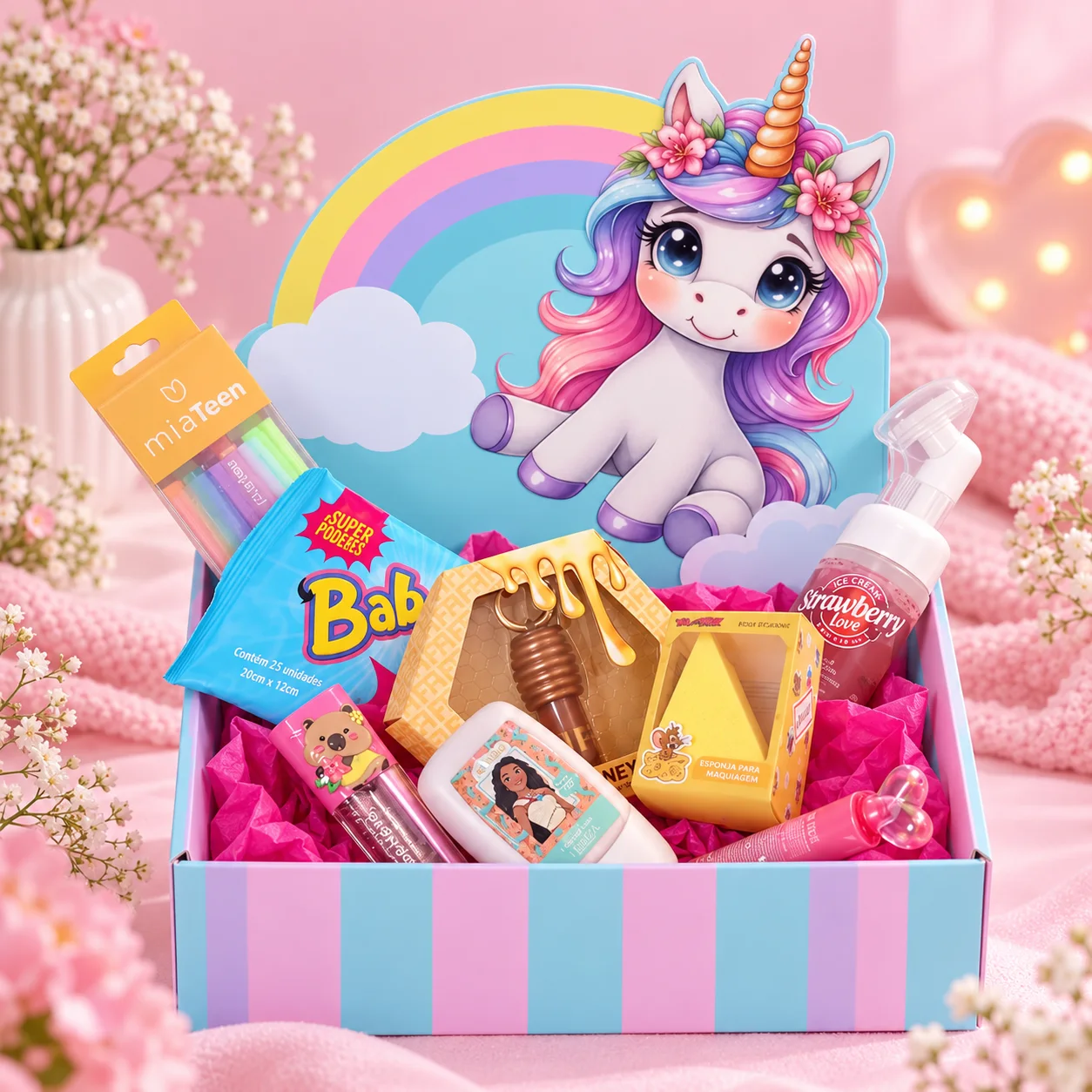 KIT MAQUIAGEM INFANTIL NA CESTA DE UNICORNIO
